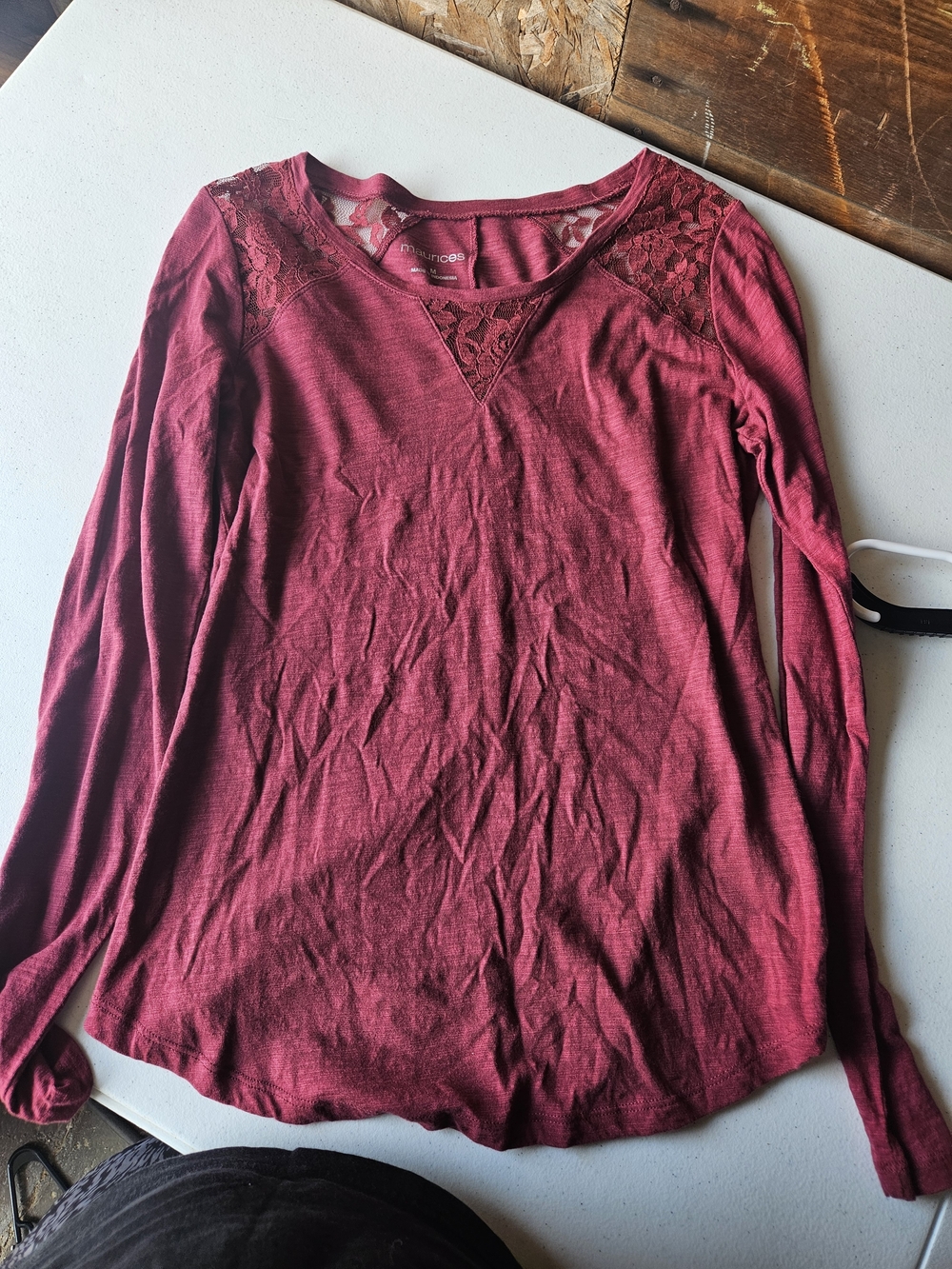 Maurices Burgundy Lace-Shoulder Long Sleeve Tee